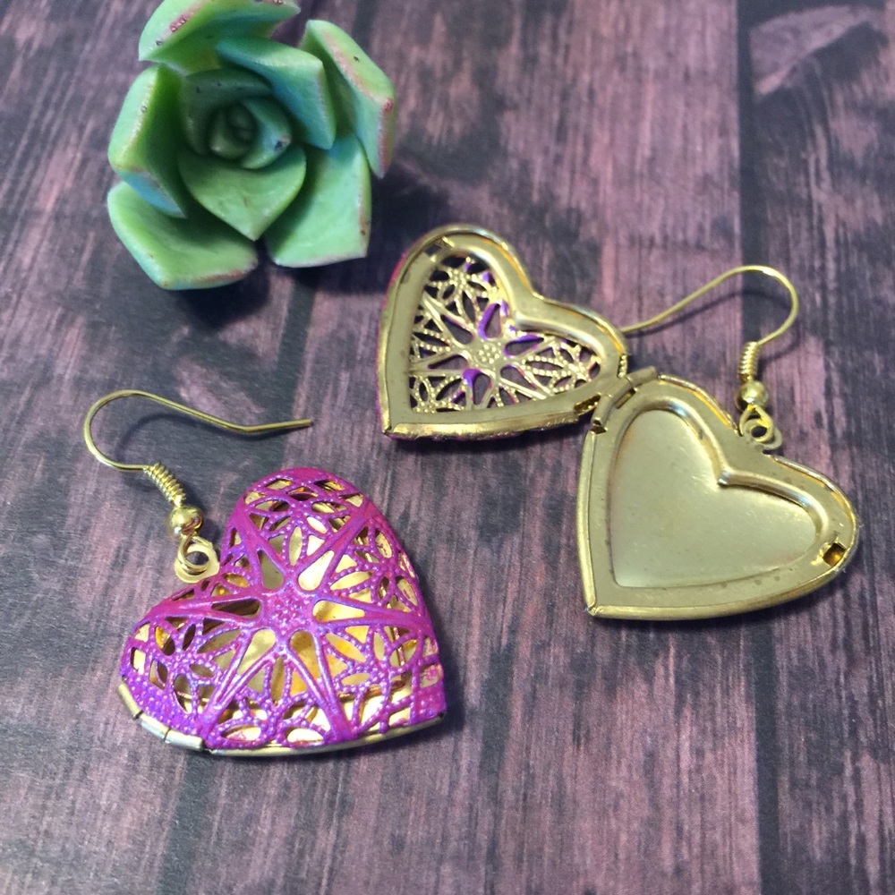 pink & iridescent purple heart locket earrings - Picture 8 of 9